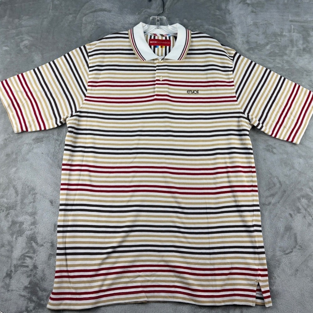 Enyce Mens Large Striped Polo Shirt Short Sleeve White Brown Red Streetwear L